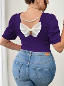 Elenzga Plus Size Women's Summer Bowknot Decor Short Puff Sleeve Fitted Round Neck T-Shirt For New Year Clothes Graphic Tees Women Tops