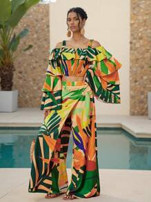BELANGE HANDMADE Designer Boho Bohemian Multicolor Tropical Floral Print Buttoned Wide-Leg Casual Pants For Spring And Summer Vacation, Festival, Ibiza Fits Resort Pants