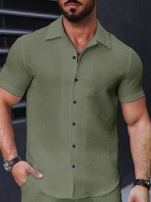 Manfinity Homme Men's Casual Solid Color Textured Short Sleeve Shirt - Army Green - View 6