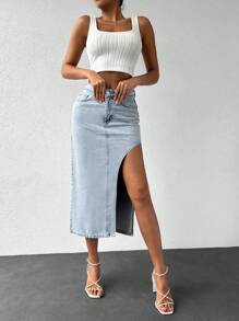 RueChic Letter Patched Asymmetrical Denim Skirt - Light Wash - View 1