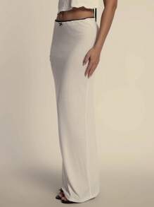 MUSERA Soft Ribbed Contrast Trim Bow Detail Maxi Skirt Only  Summer Cute New Year  Party - White - View 3