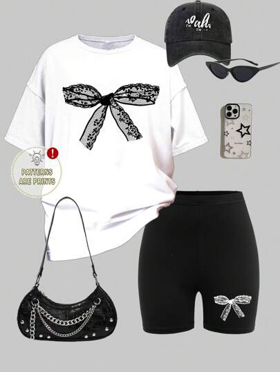 SHEIN Girlism 2pcs Cute & Sweet Lace Bow Print Tween Girls Casual Simple Short Sleeve T-Shirt And Shorts Set, Suitable For Summer Summer Outfits