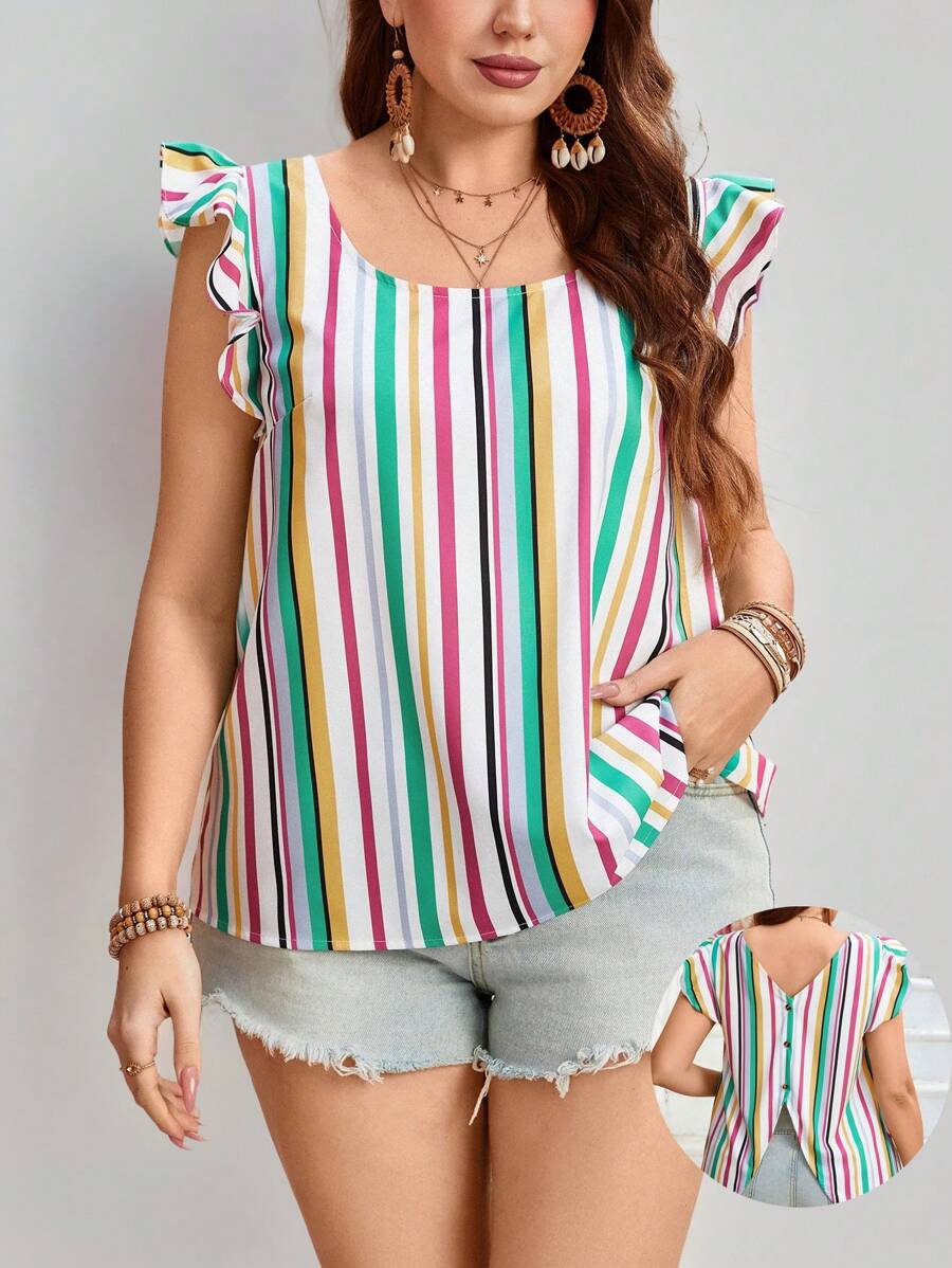 SHEIN Clasi 大码女式条纹圆领休闲衬衫,小袖飘逸 - 彩色 - 查看 1