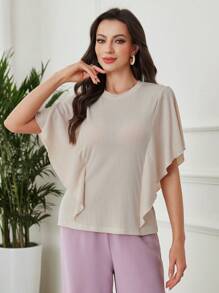 Seusyu Women's Solid Color Round Neck Short Sleeve Simple Casual Ribbed Ruffle Sleeve T-Shirt - Apricot - View 5