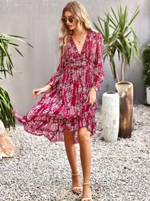 Breezaya Đầm Maxi Họa Tiết Hoa Nhỏ Gọn Tay Phồng Viền Xếp Ly Cho Kỳ Nghỉ Bãi Biển Nữ - Màu Đỏ Sâu - Xem 5