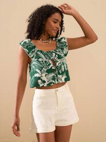 Travachic Blusa con nudo delantero y estampado tropical minimalista, atuendos casuales de vacaciones y verano para mujer, blusas de verano
