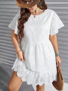 SHEIN LUNE Plus-Size Women'S Summer Boho White Embroidered Fabric Round Neck Short Sleeve Doll Version Loose Casual Dress - White - View 6