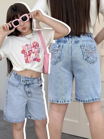 Tween Mädchen/Junge Lässig Alltags Urban Street-Style Pink Schleife bestickte Denim Bermuda Shorts mit asymmetrischer Taille und Reißverschluss