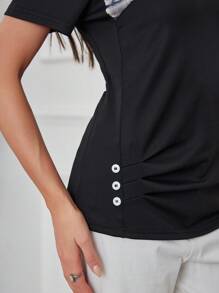 Seusyu Women Pattern Patchwork Ruffle Detail Long Sleeve T-Shirt Top - Black - View 4