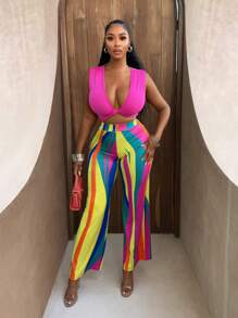 BamGleam Women's Solid Deep V Crop Tank Top And Striped Pants 2 Pieces Outfit, Fashionable