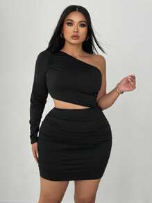 SHEIN Clasi Plus Size Women Ruched Cutout One Shoulder Bodycon Dress Fall Cloth For Women - Black - View 5