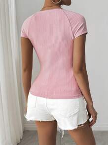 SHEIN LUNE Women Lace Trim Crew Neck Short Sleeve Casual T-Shirt, Suitable For Leisure & Holiday - Pink - View 2