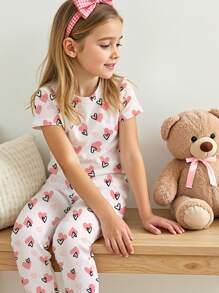 SHEIN Bộ đồ áo thun tay ngắn màu hồng họa tiết trái tim tối giản cho bé gái tuổi mới lớn và quần dài, đồ mặc ở nhà vừa vặn, mùa xuân/hè - Nhiều màu - Xem 3