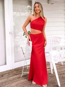 SHEIN VCAY Robe maxi élégante de couleur unie avec découpe à la taille pour les vacances printemps pour femmes