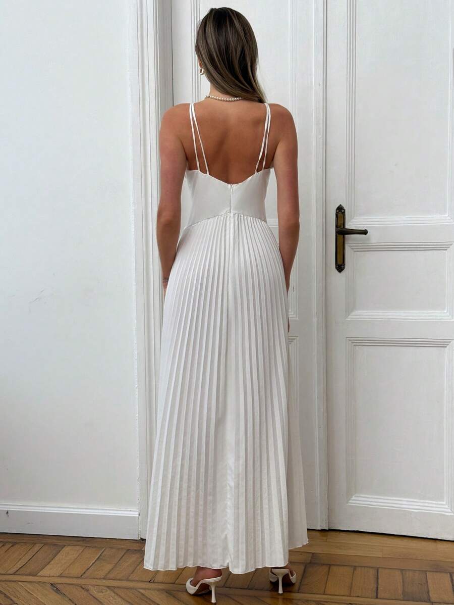 Aloruh Elegante vestido largo de color blanco sólido, sin mangas, de escote en V profundo y espalda descubierta con tirantes tipo espagueti, estilizante - Blanco - Ver 1