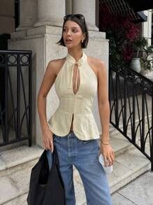 Siren Gaze 女式系带领修身镂空挂脖背心，前开衩无袖上衣'