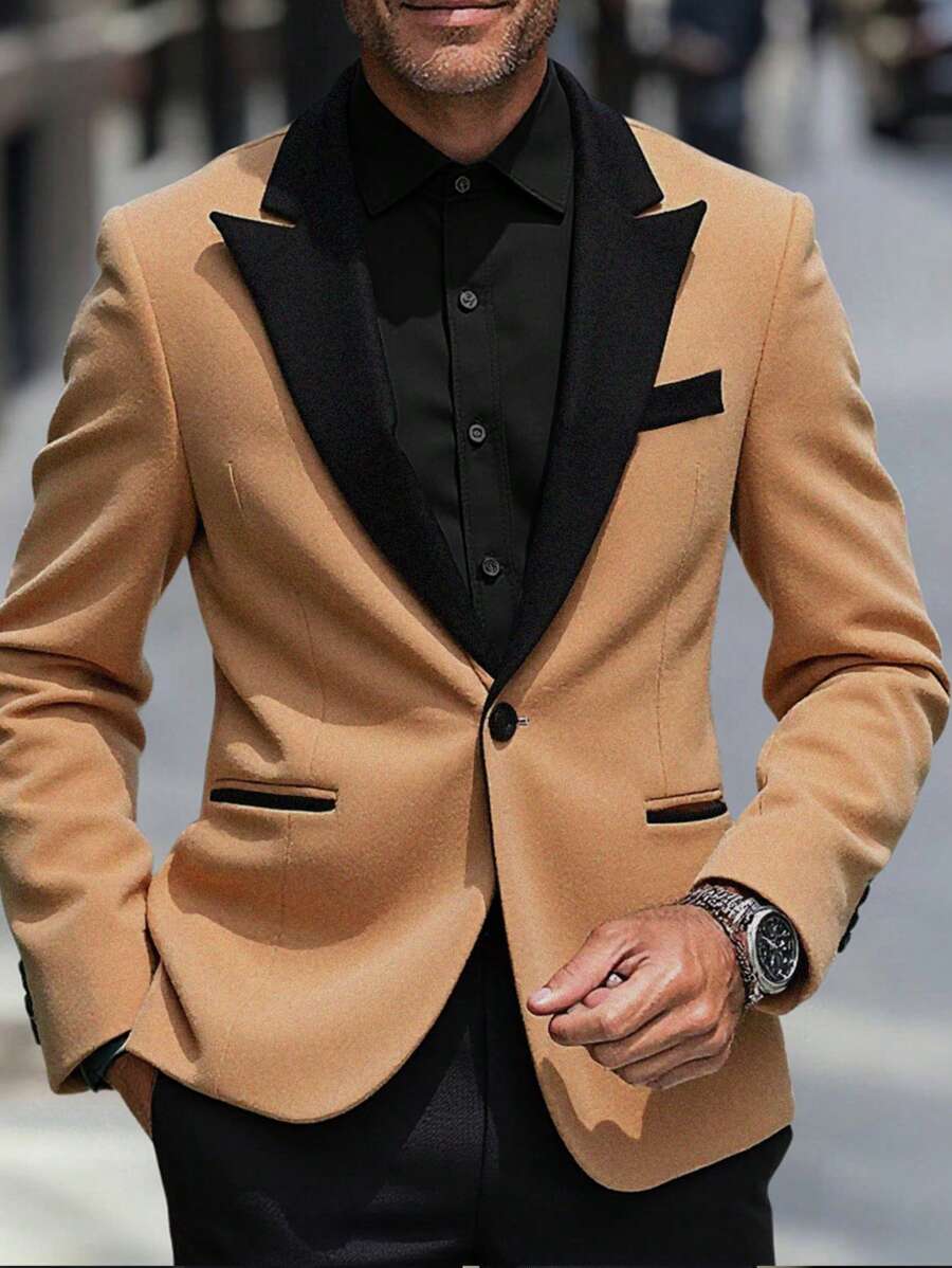 Manfinity Bizformal Men's Solid Color Blazer, Minimalist Design, Casual And Suitable For Everyday Wear - Brown - View 1