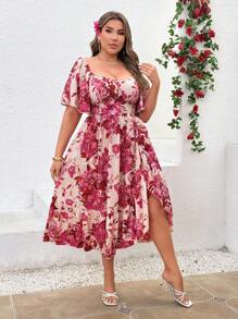 Sunnyshic Vestido con estampado floral, mangas con volantes y abertura, talla grande, elegante y romántico para fiestas, eventos y vacaciones