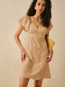 SHEIN Frenchy Vestido de mujer con espalda descubierta, escote calado y volantes, de unicolor y manga corta