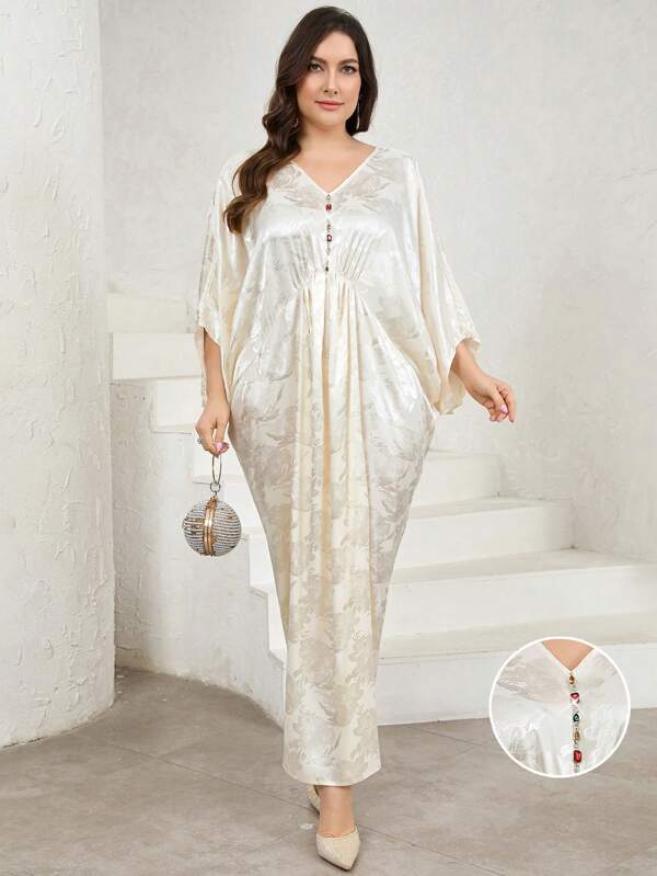 Al Najma Plus Size Women Floral Jacquard V-Neck Batwing Sleeve Elegant Arabian Dress
