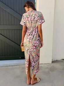 Selianne 女士印花短袖扭结休闲长裙，随机印花 - 彩色 - 查看 2
