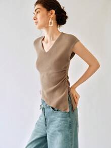 Uhlyne Uhlyne Women Solid Color Asymmetric V-Neck Hollow Button Cinched Waist Blouse - Khaki - View 5