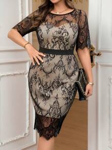 SHEIN Clasi Plus Size Stylish Elegant Lace Bodycon Short Sleeve Dress, Women's Concert Outfit, Women's Spring Dress, Women's Wedding Guest Dress, Women's Elegant Dress, Women's Birthday Dress, Elegant Dress - Multicolor - View 1