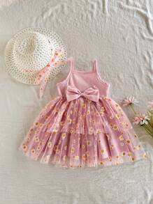 SHEIN Baby Girls 2Pcs Set: Pink Casual Floral Print Knitted Loose Dress With Waist Drawstring And Wide Dress, And Matching Hat, Spring - Pink - View 2