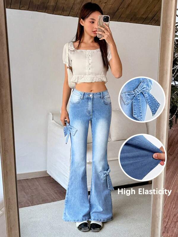 SHEIN EZwear Blugi de damă cu talie joasă, skinny stretch, flare, cu decor cu fundă, albastru