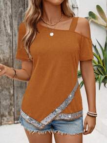 EMERY ROSE Asymmetrical Neck T-Shirt With Sequin Patchwork, Casual & Vacation - Brown - View 1