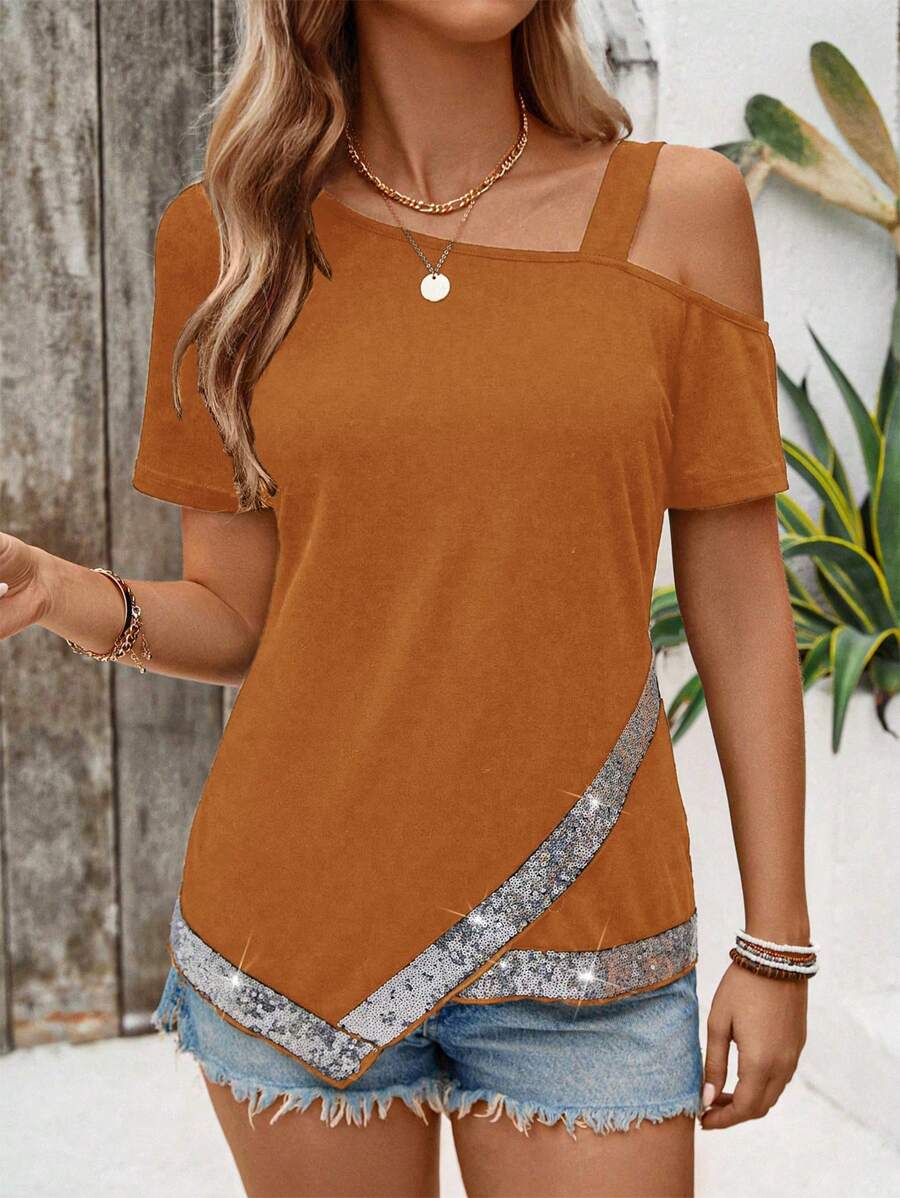 EMERY ROSE Asymmetrical Neck T-Shirt With Sequin Patchwork, Casual & Vacation - Brown - View 1
