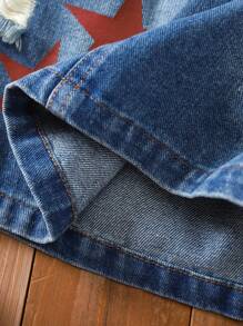 SHEIN Váy denim rách họa tiết ngôi sao đa năng thoải mái giản dị mùa xuân và mùa hè 2025 cho bé gái tuổi mới lớn, thích hợp mặc hàng ngày, đi chơi, tụ họp gia đình và đi nghỉ - Rửa trung bình - Xem 10