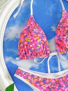 SHEIN Swim 2pcs Women Ditsy Floral Spaghetti Strap Halter Crop Top And Low Waist Thong Bikini Set, Minimalist & Sexy Daily Swimwear, For Summer Beach Vacation - Multicolor - View 7