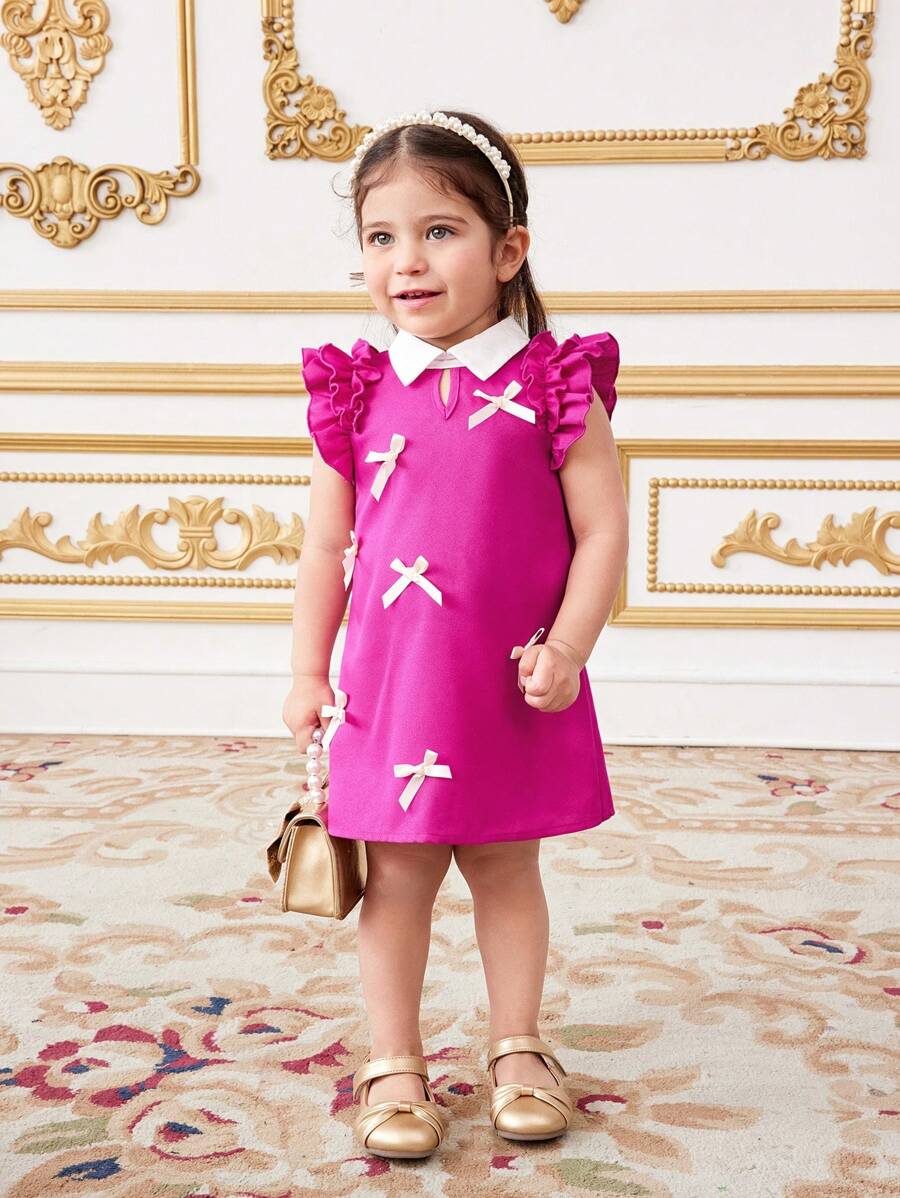 SHEIN Jolie robe d'été pour bébé fille, violette, avec col en nœud papillon - Rose vif - Voir 1