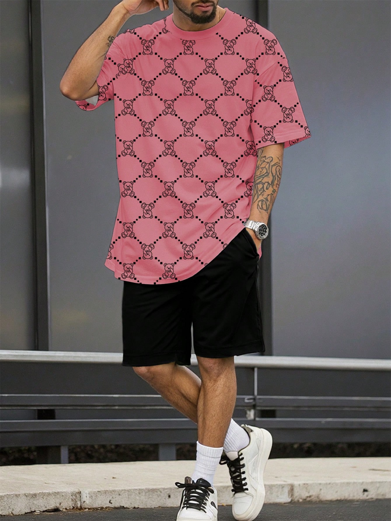 Manfinity Dauomo Men's Set: Short Sleeve Round Neck, Slippers, Shorts, Casual & Fashionable For Daily Wear