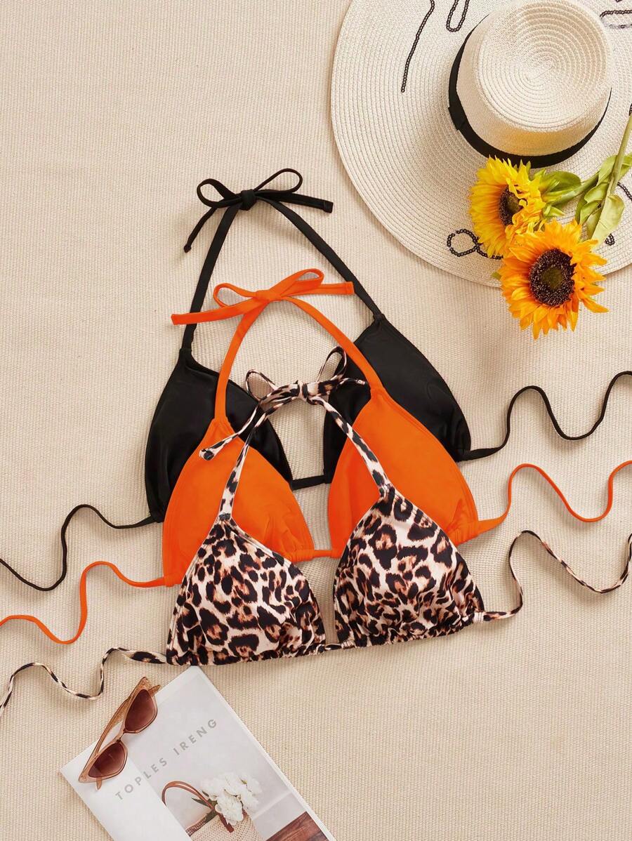 SHEIN Swim Curve 3 件套大码女士泳衣上衣，黑/白豹纹针织，可调节细肩带，简约休闲，适合日常穿着 - 彩色 - 查看 1