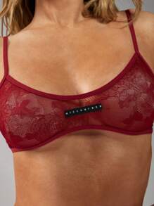 MISSGUIDED Ren Bralette Áo Ngực Không Dây Cúp Mềm Xuyên Thấu Đối Đồ Lót Cổ Điển Muỗng Cổ Tinh Tế Họa Tiết Hoa Thời Trang Nền Tảng Thân Mật Mặc Phong Cách Mùa Hè - Màu Đỏ Sâu - Xem 5