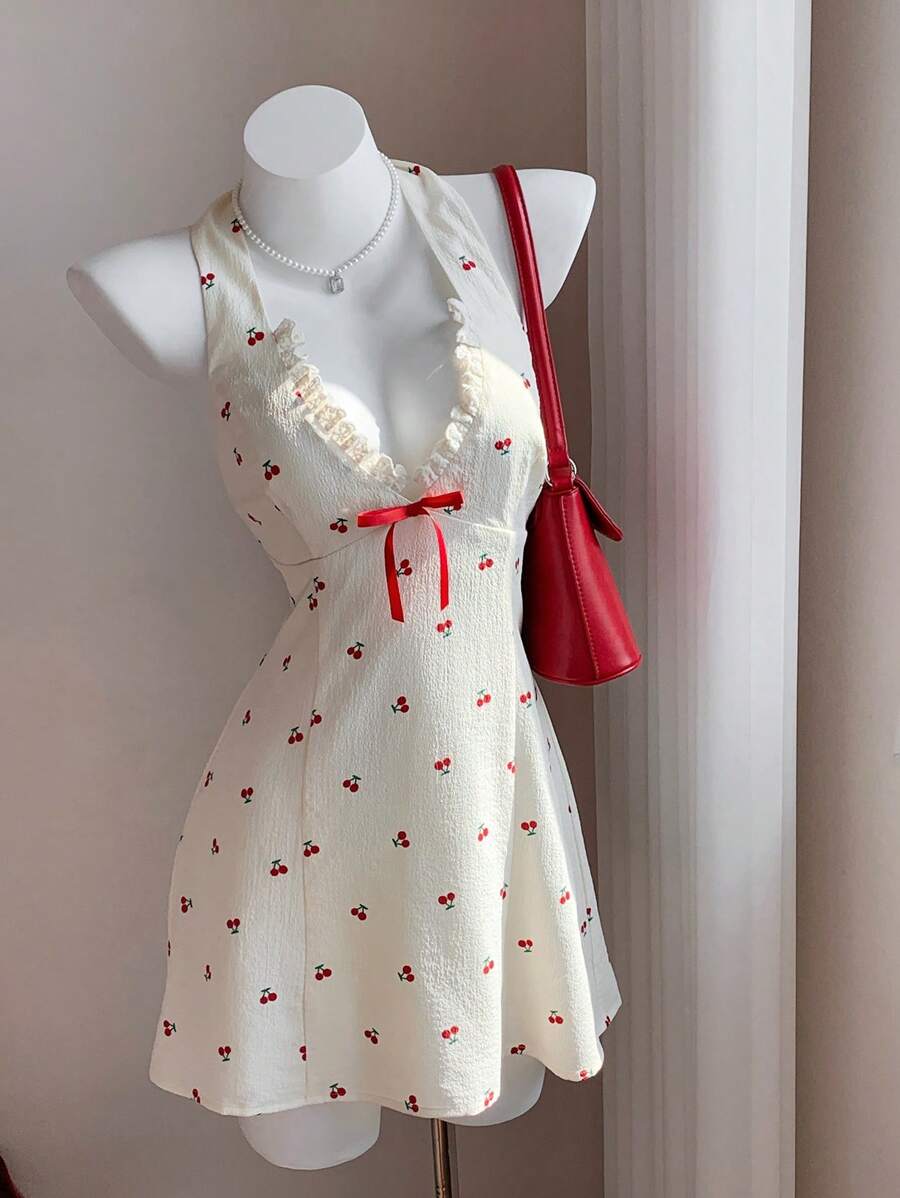 Comfortcana 女士樱桃印花蝴蝶结装饰无袖迷你连衣裙 - 白色 - 查看 1
