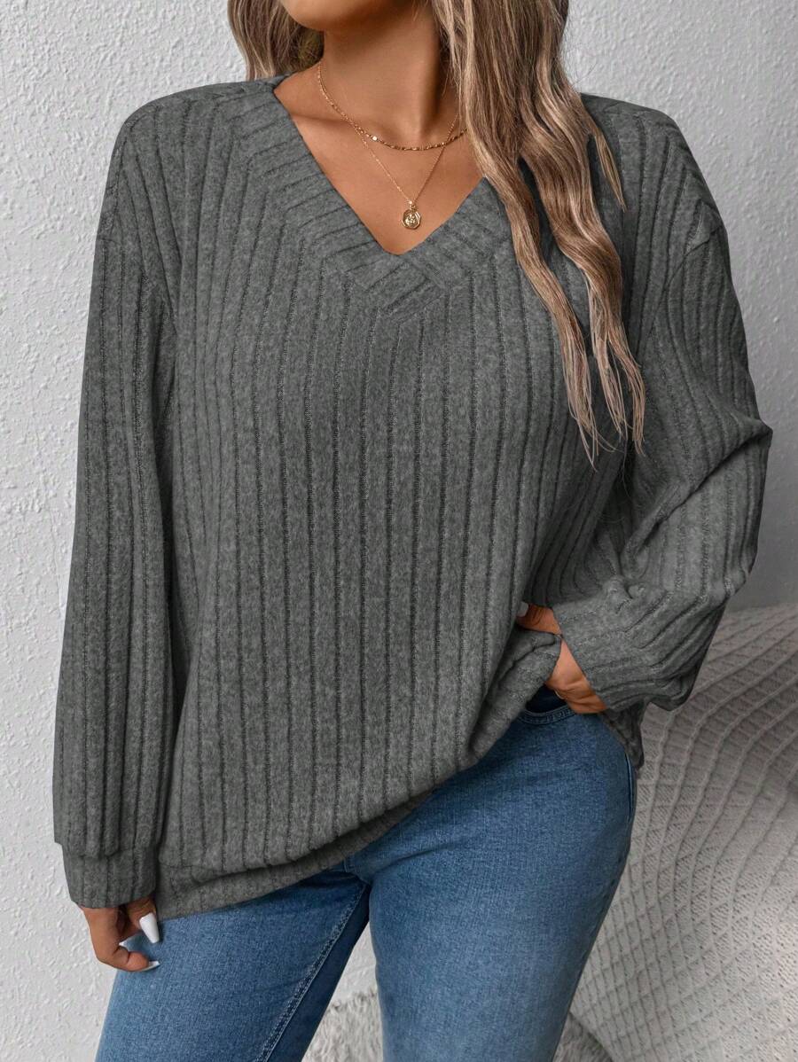 EMERY ROSE Plus Size Women Chunky Rib Knit V-Neck Loose Casual Sweatshirt, Autumn/Winter Graduation,Back To School,Graduation,Teacher For Women,Back To School Pullover Fall - Grey - View 1