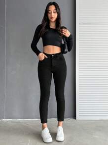 EURMUSE 98% Cotton High Waist Skinny Jeans, Casual And Fashionable For Daily Wear - Black - View 3