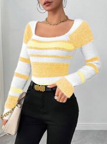 Chiquease Autumn/Winter Casual Contrast Color Stripe Slim Fit Long Sleeve Sweater