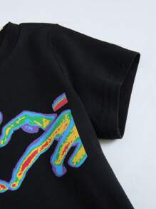 Girls' Black Minimalist Neon Graphic Print Round Neck Short Sleeve T-Shirt