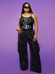 CATWOMAN X SHEIN Plus Size Spring & Summer Street Music Festival Sweet Y2K 90s Retro Black Cartoon Printed Pattern Slim Camisole Top - Black - View 5