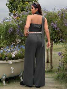 SHEIN EZwear Completo casual con pizzo e nastro per taglie forti - nero - Visualizzare 2
