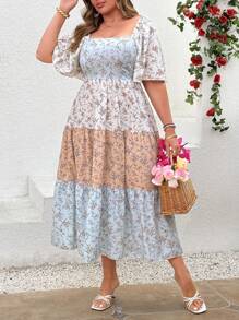 Breezaya Vestido midi elegante de vacaciones para mujeres con cuello cuadrado, mangas con volantes, parche de contraste de color y estampado floral en talla grande