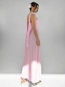 Aloruh Nuevo vestido plisado sin tirantes, vestido romántico de color rosa sólido fluido hasta los tobillos para vacaciones, citas, fiestas