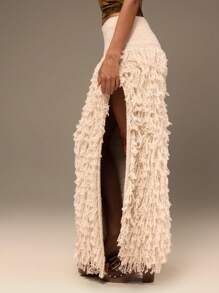 MUSERA 蓬松做旧针织侧开衩长裙 西部波西米亚风、波西米亚风、女牛仔风、节日风、音乐会风、伊比沙岛风 - 灰色 - 查看 3