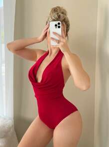 Sweetina 女士春假装纯色无袖露背紧身衣，简约时尚休闲紧身衣，适合日常穿着 - 紅色 - 查看 5