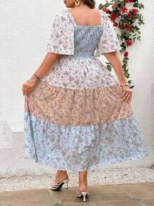 Breezaya Vestido midi elegante de vacaciones para mujeres con cuello cuadrado, mangas con volantes, parche de contraste de color y estampado floral en talla grande