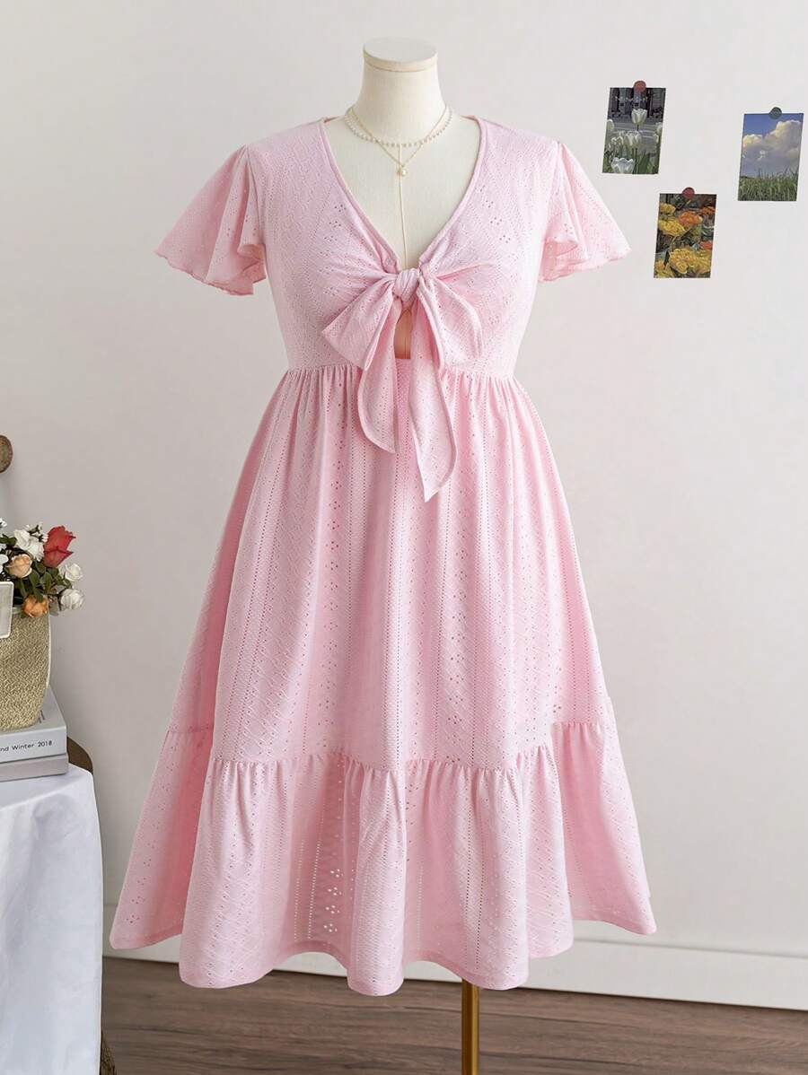 Soleia Plus Size Women's Spring Vacation Jacquard Knit Holey Fabric Ruffled Short Sleeve A-Line Maxi Dress - Pink - View 1